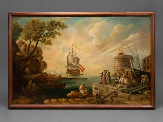 Sehr bedeutendes belebtes Marinegemälde – Öl auf Leinwand im Stil des 18. Jahrhunderts