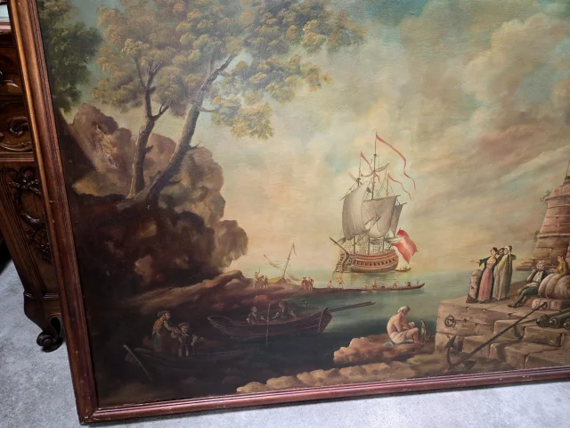 Sehr bedeutendes belebtes Marinegemälde – Öl auf Leinwand im Stil des 18. Jahrhunderts — Guter Zustand