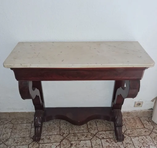 Empire Console Table in Mahogany and White Marble — Good condition
