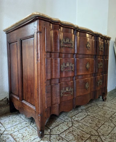 Bordelaise Arbalète Chest of Drawers in Solid Mahogany, Louis XV Period, Marble Top