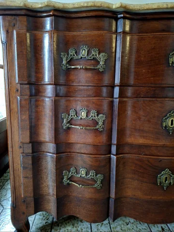 Bordelaise Arbalète Chest of Drawers in Solid Mahogany, Louis XV Period, Marble Top
