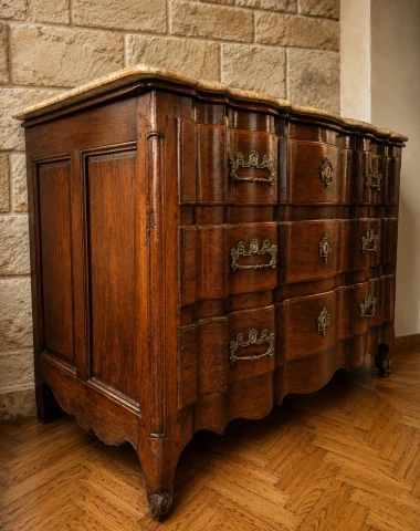 Bordelaise Arbalète Chest of Drawers in Solid Mahogany, Louis XV Period, Marble Top