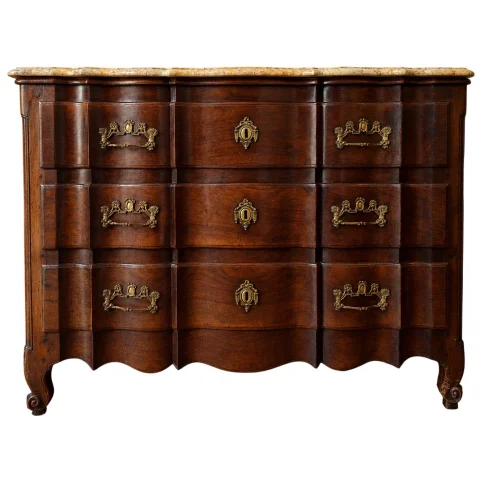 Bordelaise Arbalète Chest of Drawers in Solid Mahogany, Louis XV Period, Marble Top
