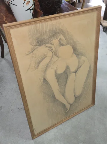 Grand academic drawing depicting a crouching female nude, executed in charcoal or graphite — Good condition