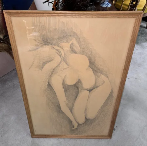 Grand academic drawing depicting a crouching female nude, executed in charcoal or graphite — Good condition