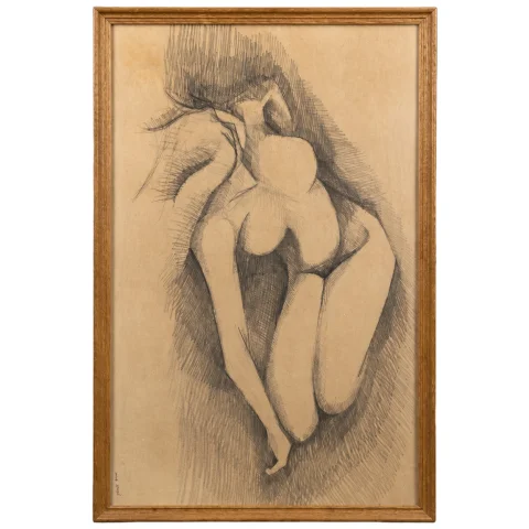 Grand academic drawing depicting a crouching female nude, executed in charcoal or graphite — Good condition