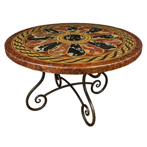 Large Round Table with Painted Wood Top in Scagliola Style – Wrought Iron Base — Good condition