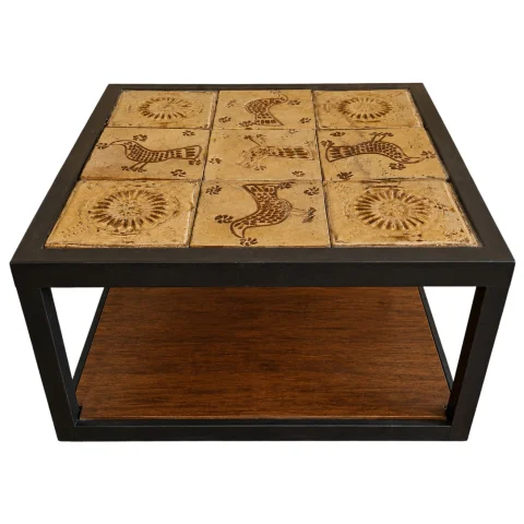 Low Table in Enamelled Ceramic and Black Metal, Stylised Bird Decoration, Circa 1960s–1970s — Good condition