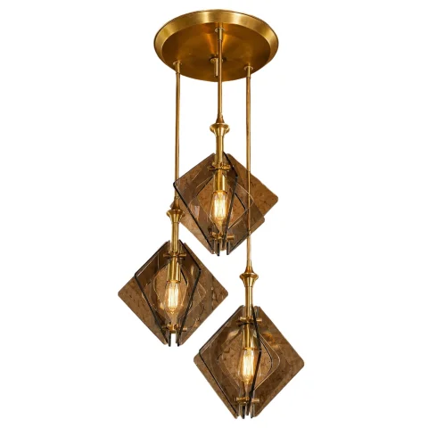 Design-Hängeleuchte aus Messing und Rauchglas – 1970er Jahre — Guter Zustand