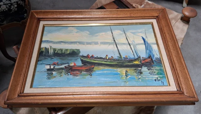 Marine animée – Olieverf op doek, gesigneerd V. Le T. (te identificeren) — Goede staat