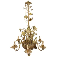 Gran lámpara de araña floral Art nouveau en bronce y metal patinado