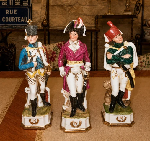 Germany: Suite of three Napoleonic subjects in polychrome porcelain — Good condition
