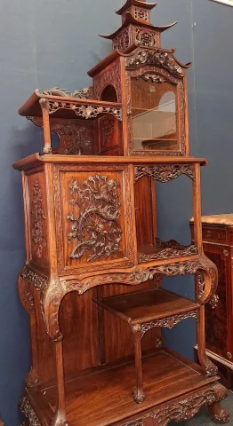 Important Japonesque Carved Wood Display Cabinet — Good condition