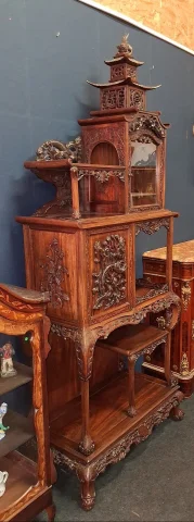 Important Japonesque Carved Wood Display Cabinet — Good condition