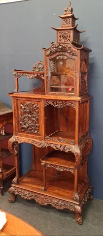 Important Japonesque Carved Wood Display Cabinet — Good condition