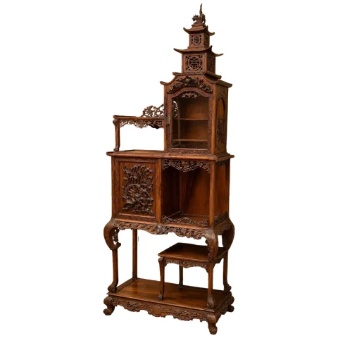 Important Japonesque Carved Wood Display Cabinet — Good condition
