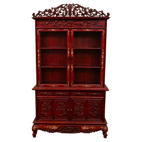 Bookcase in Carved Red Lacquered Wood with Gilding — Good condition