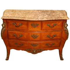 Bombe-front Louis XV style commode in marquetry, marble top