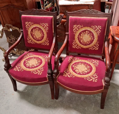 Pair of Empire-Period Mahogany Armchairs, Needlepoint Upholstery — Good condition