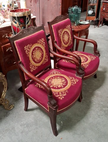 Pair of Empire-Period Mahogany Armchairs, Needlepoint Upholstery — Good condition