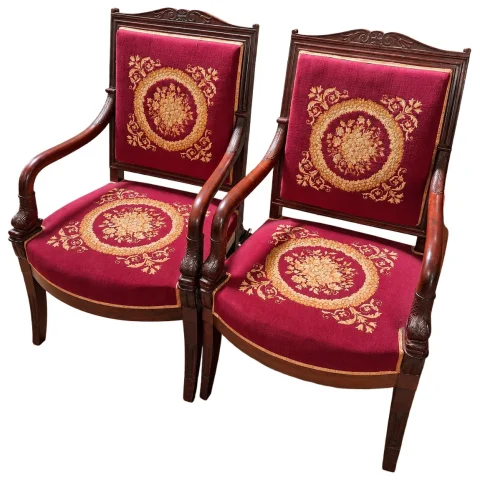 Pair of Empire-Period Mahogany Armchairs, Needlepoint Upholstery — Good condition