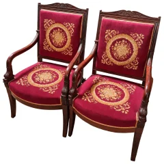 Pair of Empire-Period Mahogany Armchairs, Needlepoint Upholstery