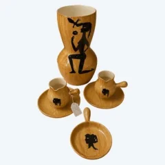 Keramik-Ensemble Grandjean-Jourdan, Vallauris, Dekor «Faux bois» mit schwarzen Silhouetten