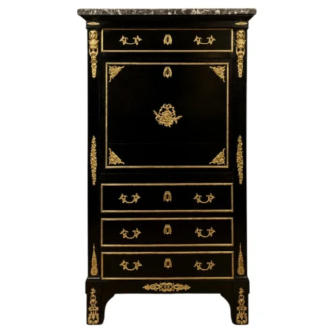 Secrétaire a ribalta in legno laccato nero e bronzi dorati – Stile Boulle, metà XIX secolo — Buono stato