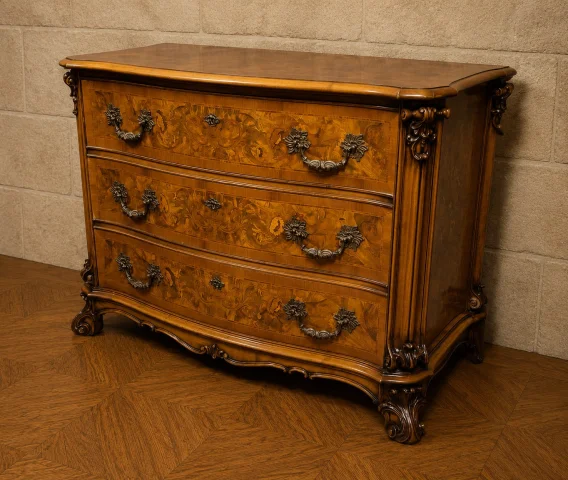 Commode galbée en marqueterie de noyer – Style Louis XV

クルミ材寄木細工の曲線型コモード – ルイ15世スタイル — 良好な状態