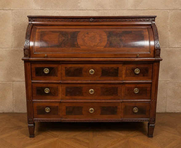 Bureau à cilindro in noce intarsiato – Epoca Luigi XVI, fine XVIII secolo — Buono stato