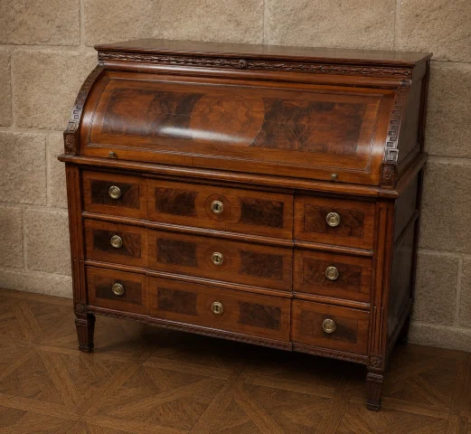 Bureau à cilindro in noce intarsiato – Epoca Luigi XVI, fine XVIII secolo — Buono stato