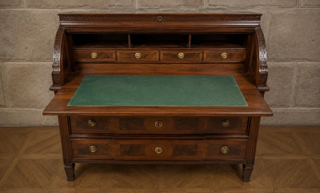 Bureau à cilindro in noce intarsiato – Epoca Luigi XVI, fine XVIII secolo — Buono stato