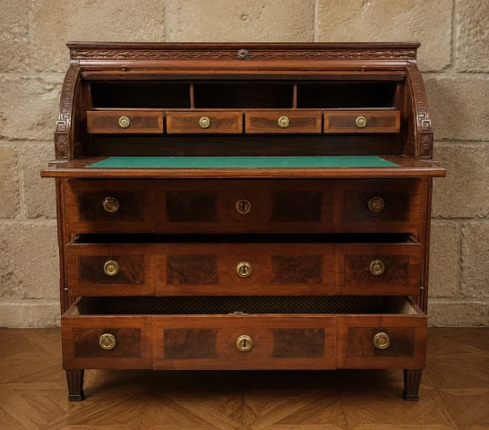 Bureau à cilindro in noce intarsiato – Epoca Luigi XVI, fine XVIII secolo — Buono stato