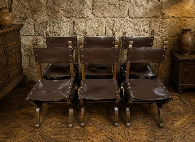 Conjunto de Seis Sillas Estilo Renacimiento en Roble y Cuero — Buen estado