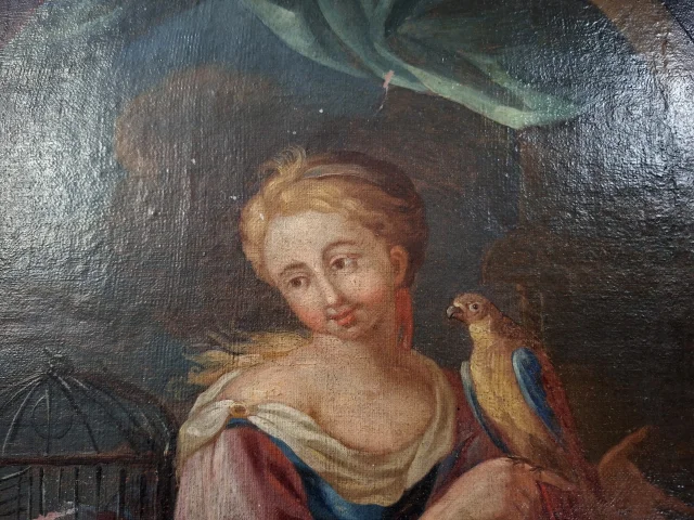 Óleo sobre lienzo de principios del siglo XVIII – Joven con loro — Buen estado