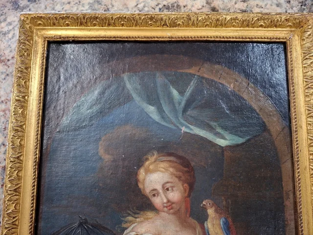 Óleo sobre lienzo de principios del siglo XVIII – Joven con loro — Buen estado