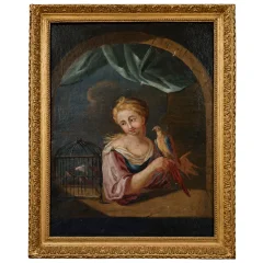 Óleo sobre lienzo de principios del siglo XVIII – Joven con loro