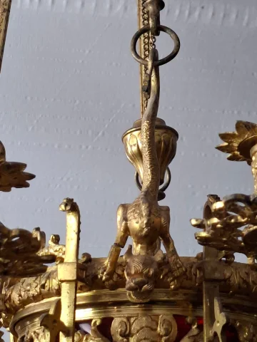 Gilt bronze counterweight chandelier – swan and chimera decoration – 19th century — Good condition