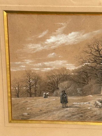 フランソワ・エミール・ミシェル（1828–1909）大型素描 – 豚の群れと羊飼いたち — 良好な状態
