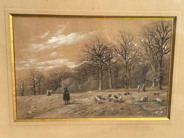 フランソワ・エミール・ミシェル（1828–1909）大型素描 – 豚の群れと羊飼いたち — 良好な状態