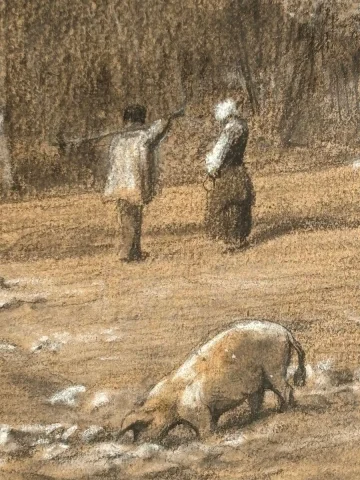 フランソワ・エミール・ミシェル（1828–1909）大型素描 – 豚の群れと羊飼いたち — 良好な状態