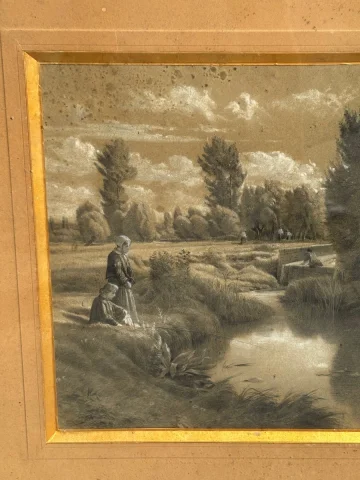 Drawing by Émile François Michel – Figures by the Water's Edge, 19th Century, Napoléon III — Bon état
