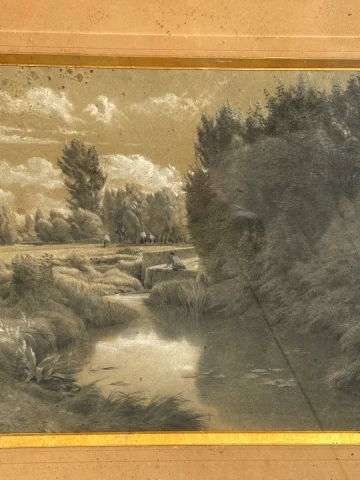 Drawing by Émile François Michel – Figures by the Water's Edge, 19th Century, Napoléon III — Bon état