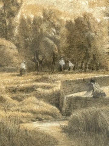 Drawing by Émile François Michel – Figures by the Water's Edge, 19th Century, Napoléon III — Bon état
