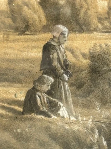 Drawing by Émile François Michel – Figures by the Water's Edge, 19th Century, Napoléon III — Bon état