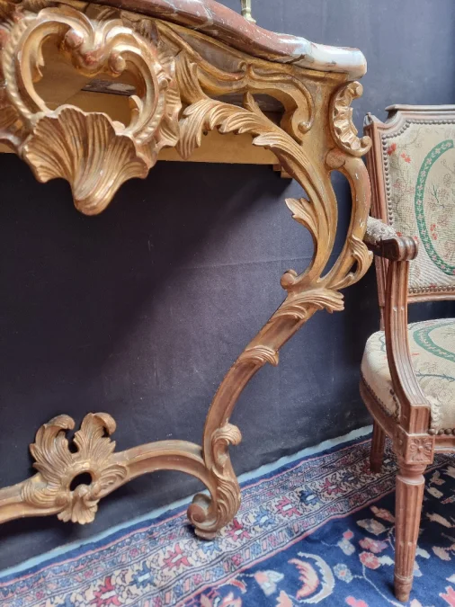 French gilded wood Louis XV console ,red marble