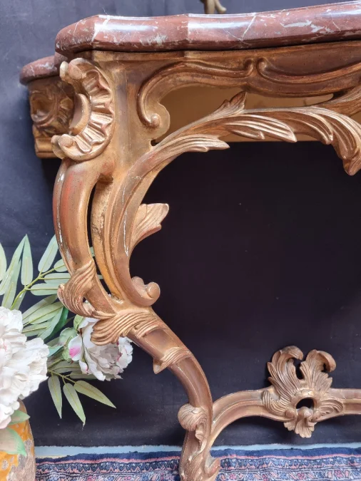 French gilded wood Louis XV console ,red marble