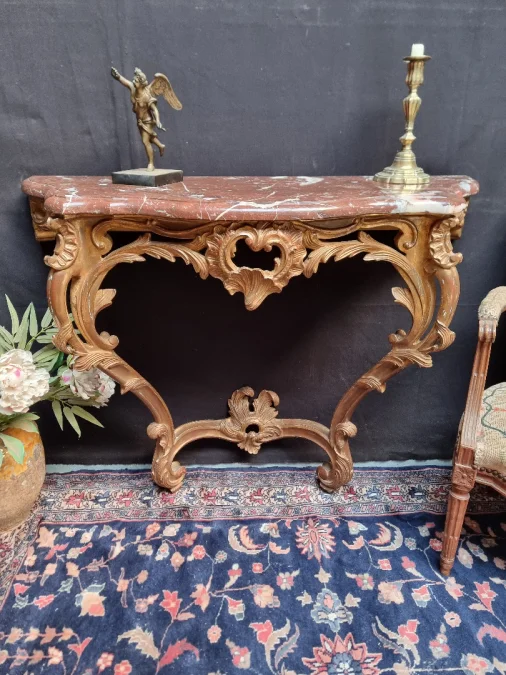 French gilded wood Louis XV console ,red marble