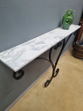 Ancienne Console vintage en fer forgé dessus marbre