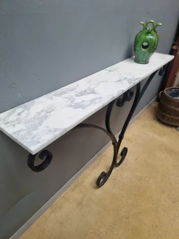Ancienne Console vintage en fer forgé dessus marbre